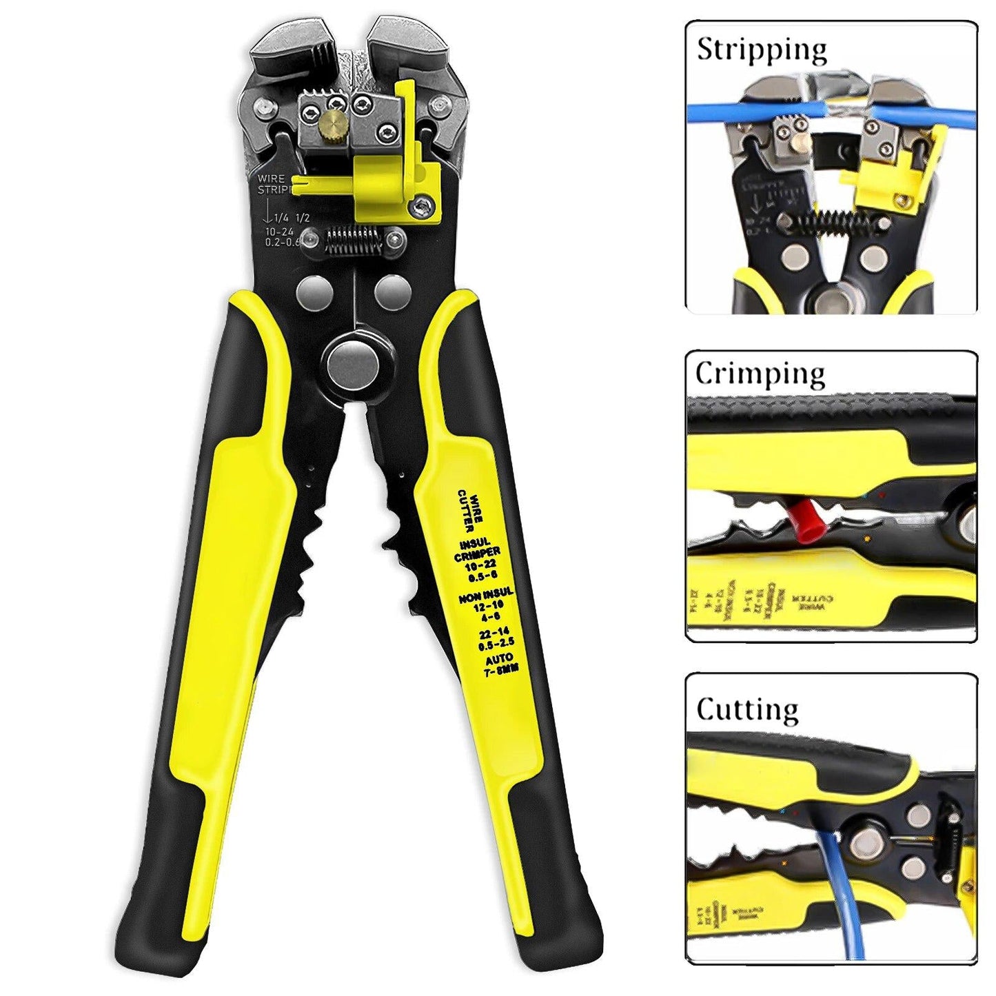 Self-Adjusting Wire Stripper with Cable Cutter and Terminal Crimper
